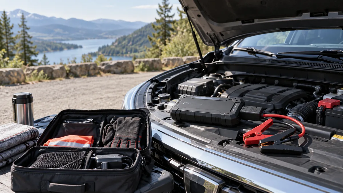 Emergency jump starter and safety gloves organized beside a parked vehicle