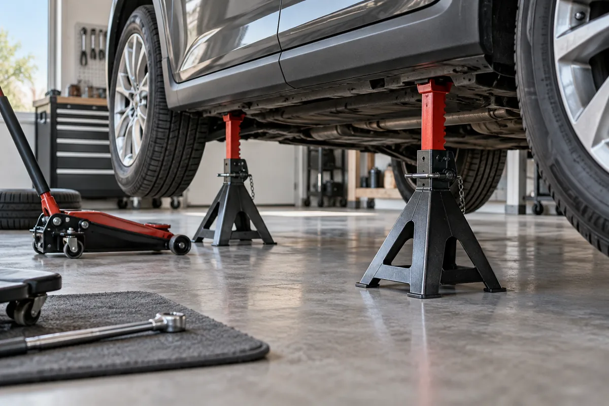 A vehicle safely supported on floor jack stands