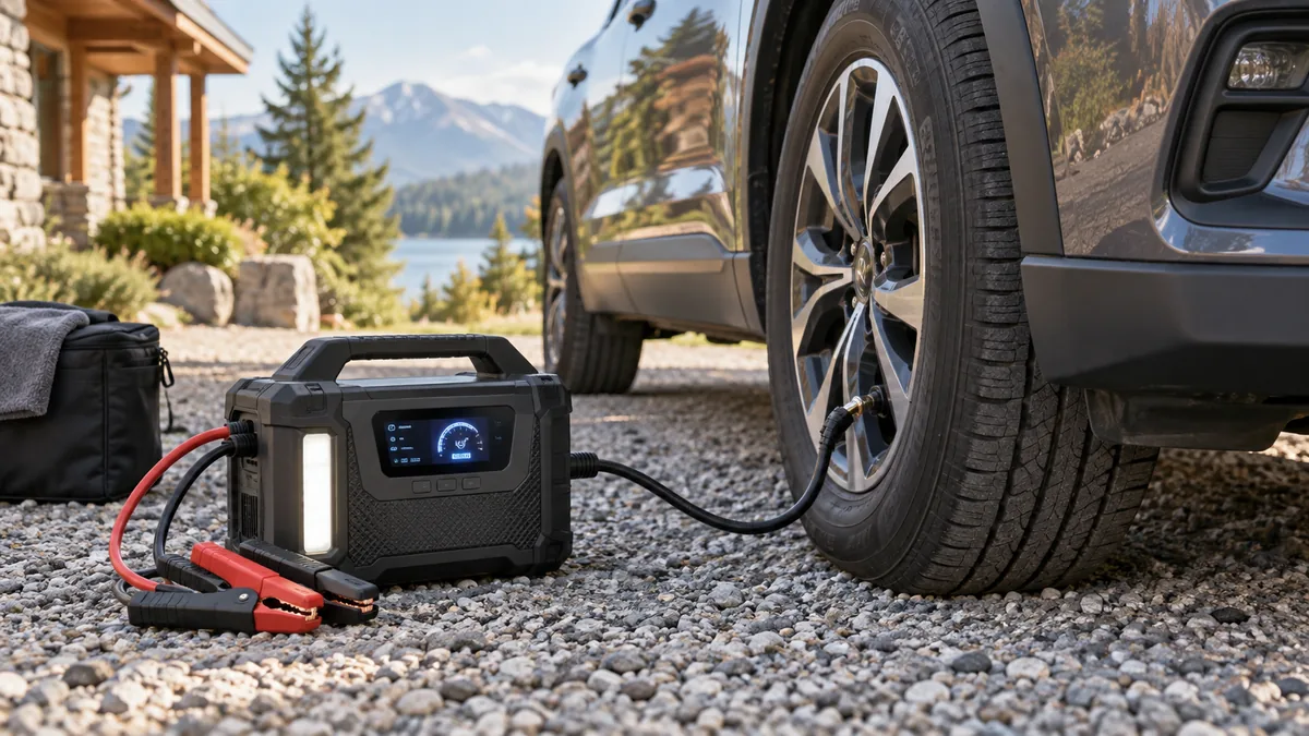 Inflating a tire with a jump starter compressor