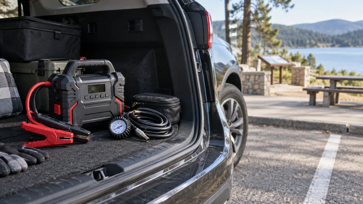 A jump starter and air compressor roadside kit