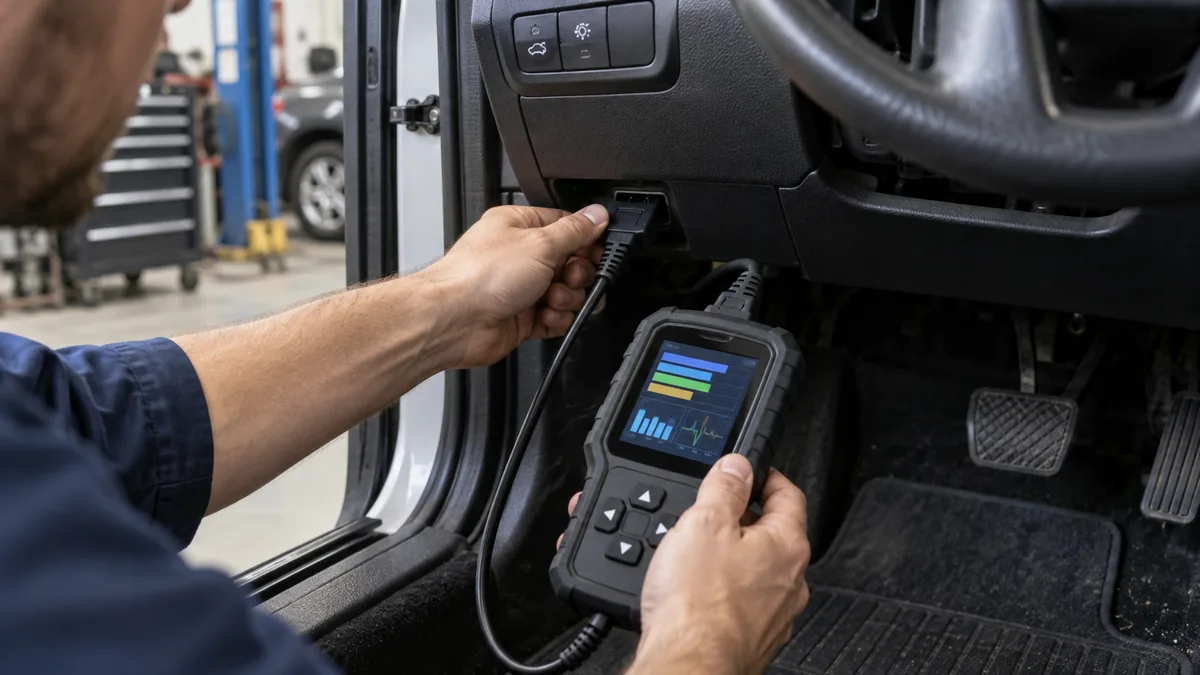 A diagnostic scanner connected to a parked car to view live sensor data