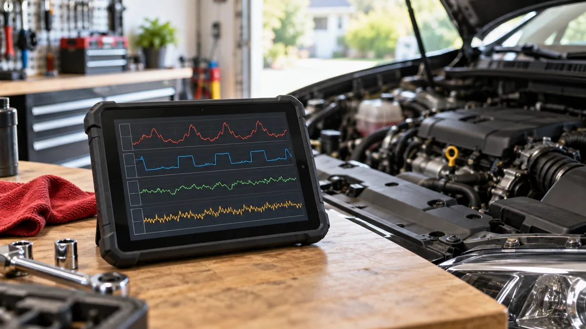 A diagnostic tablet showing generic engine sensor graphs beside an engine bay