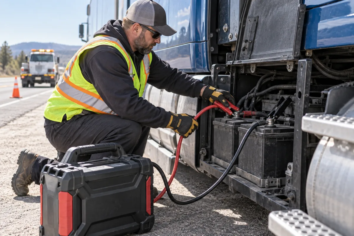 Best 24V Jump Starter for Trucks, Diesels, and Commercial Equipment 1 Connecting a 24-volt jump starter to a heavy-duty truck