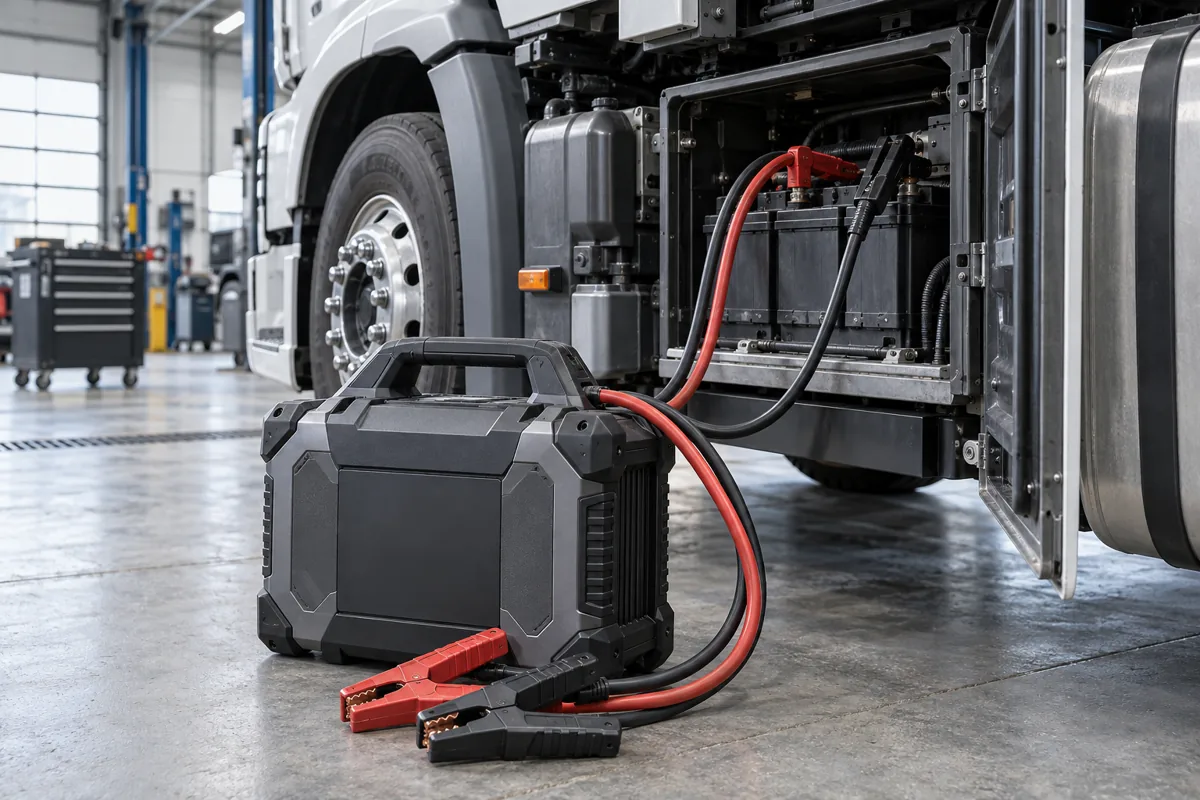 Best 24V Jump Starter for Trucks, Diesels, and Commercial Equipment 2 A portable 24-volt jump starter beside a truck battery bay